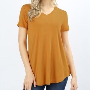 PREMIUM RAYON SHORT SLEEVE ROUND HEM V-NECK TOP
